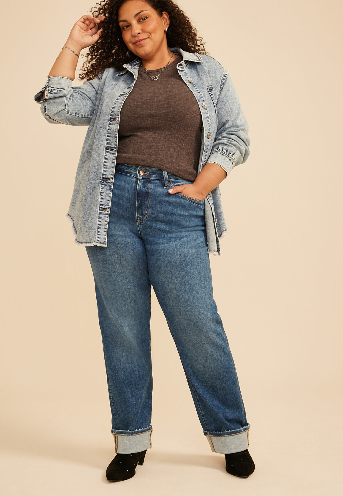 Plus Size edgely™ High Rise Pocket Stitch Relaxed Straight Cuffed Jean
