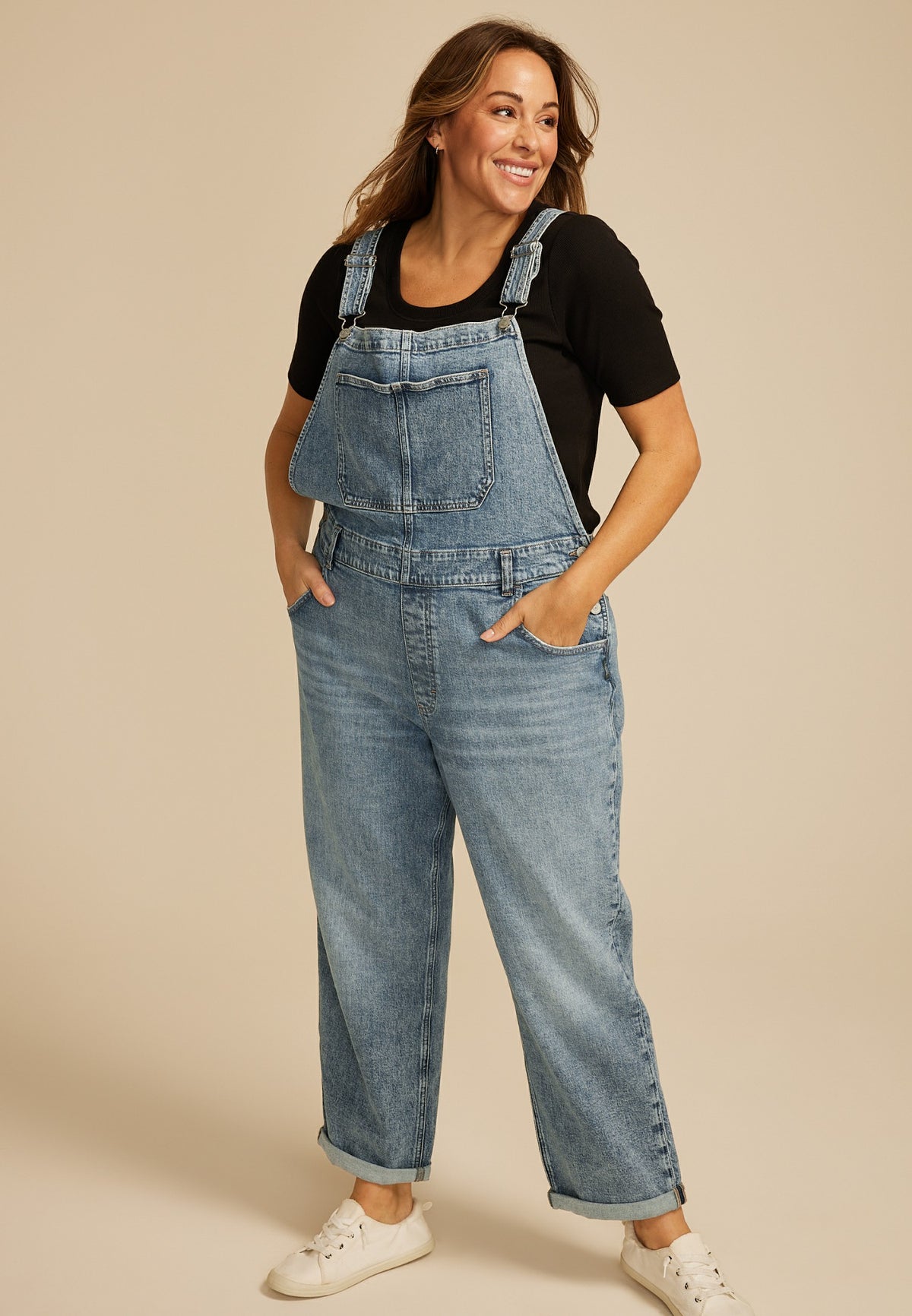 Plus Size Silver Jeans Co.® Low Stretch Baggy Cuffed Hem Straight Overalls