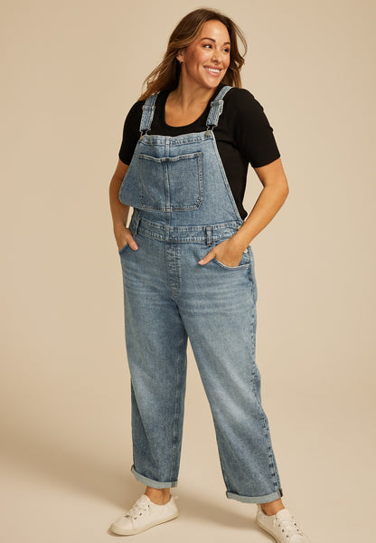 Plus Size Silver Jeans Co.® Low Stretch Baggy Cuffed Hem Straight Overalls