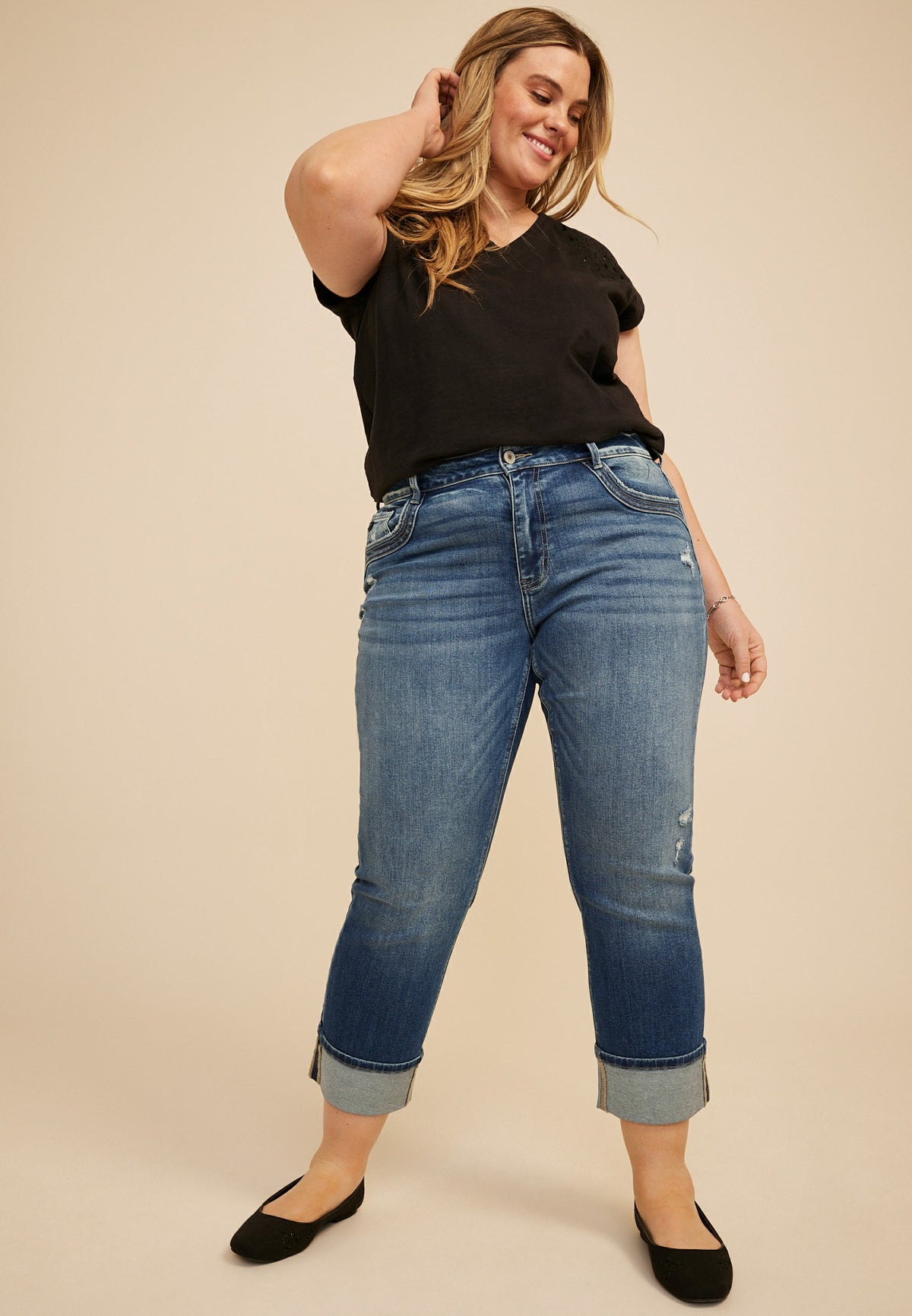 Plus Size KanCan™ High Rise Seamed Pocket Cuffed Hem Straight Jean