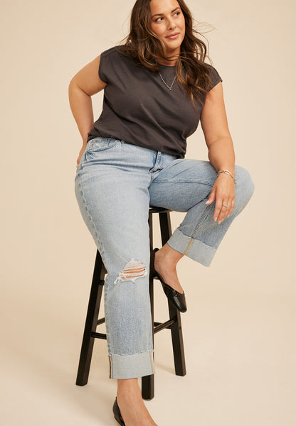 Plus Size edgely™ High Rise Raw Cuff Hem Relaxed Straight Jean