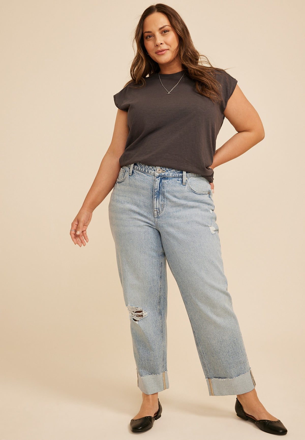 Plus Size edgely™ High Rise Raw Cuff Hem Relaxed Straight Jean