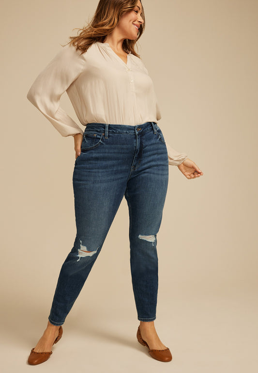 Plus Size edgely™ Dark High Rise Ripped Cheeky Super Skinny Jean