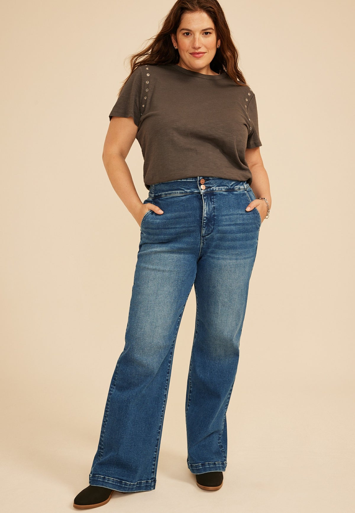 Plus Size Risen Jeans® High Rise Tummy Control Panel Double Button Trouser Bootcut Jean