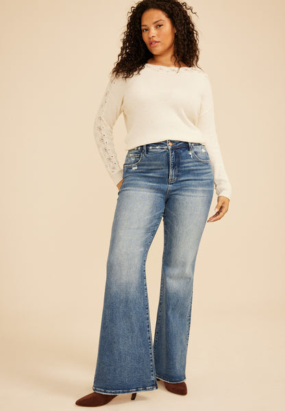 Plus Size Risen Jeans® High Rise Tummy Control Panel Ripped Flare Jean