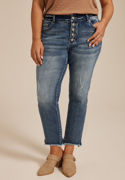 Plus Size KanCan™ High Rise Fray Hem Button Fly Capri