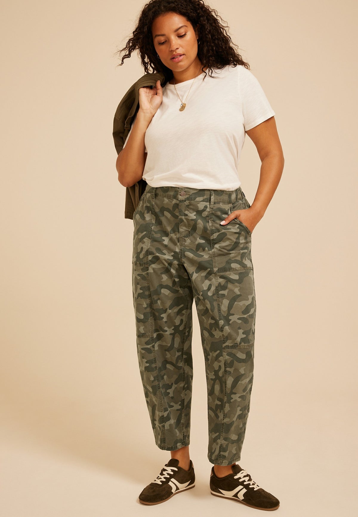 Plus Size Camo High Rise Seamed Barrel Pant