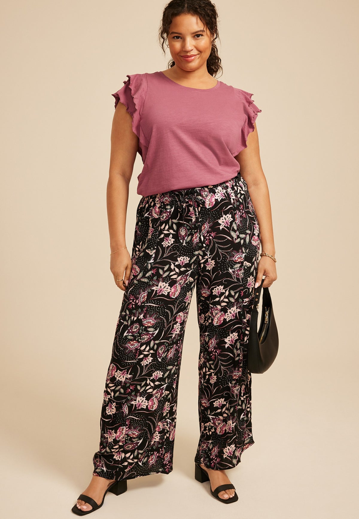 Plus Size Paisley Floral Print Palazzo High Rise Pant