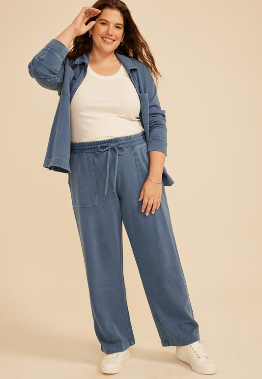 Plus Size Washed Terry High Rise Wide Leg Pant