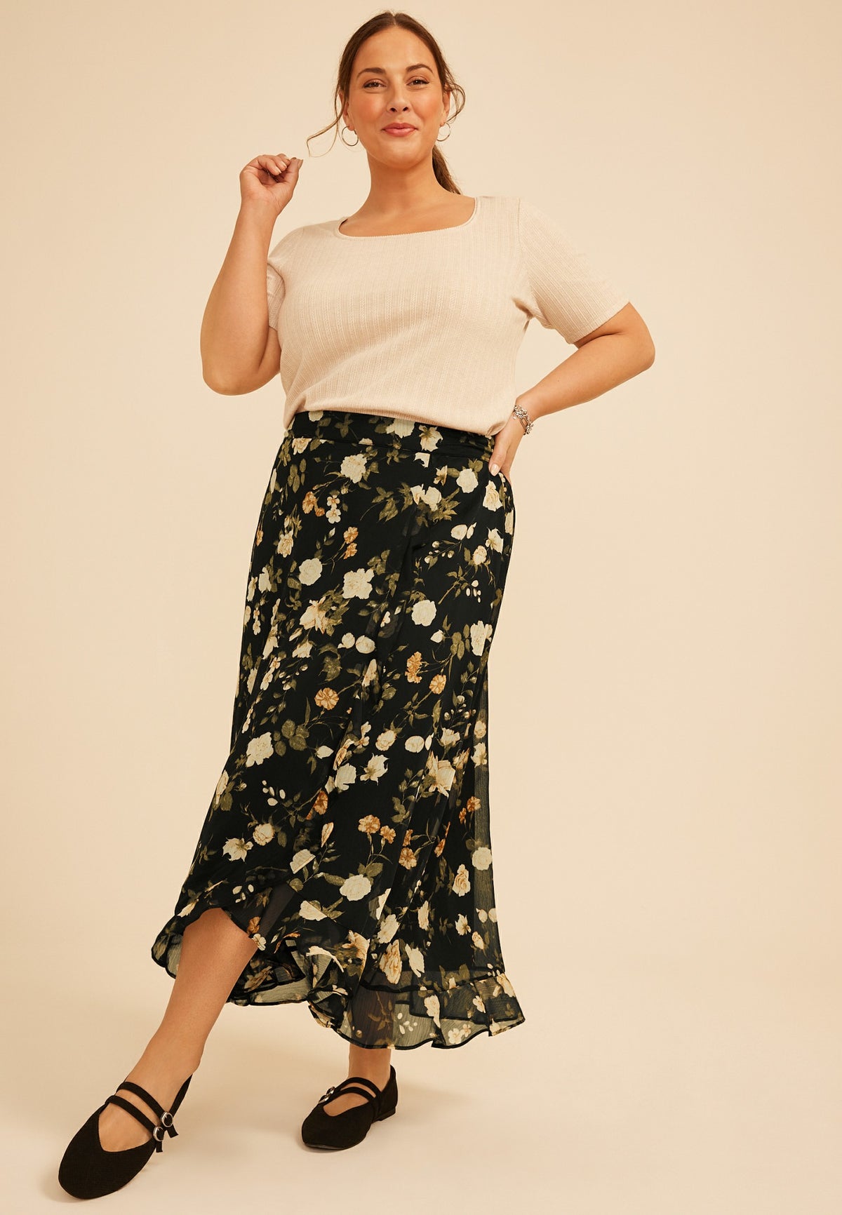 Plus Size High Rise Floral Faux Wrap Maxi Skirt