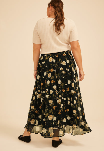 Plus Size High Rise Floral Faux Wrap Maxi Skirt