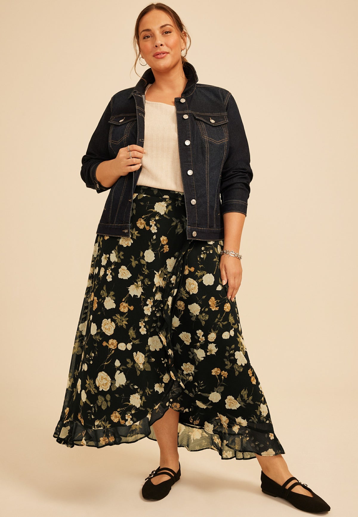 Plus Size High Rise Floral Faux Wrap Maxi Skirt