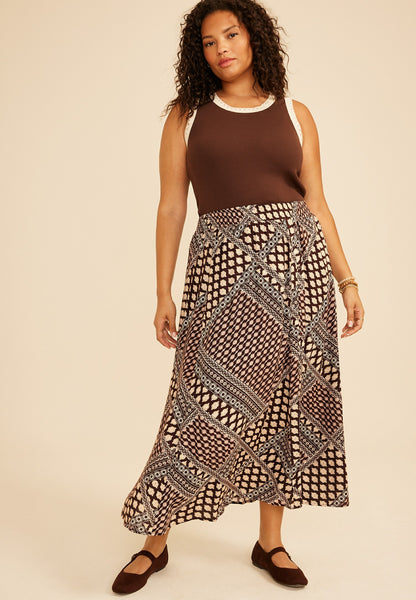 Plus Size Patchwork Print Front Slit Midi Skirt