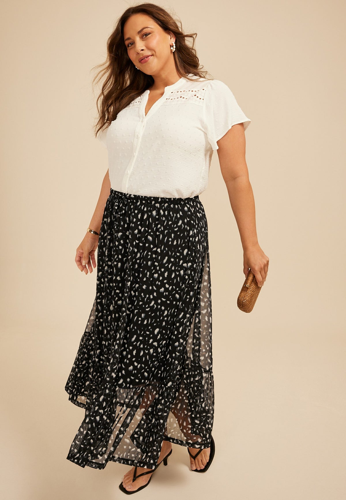 Plus Size Printed Mesh Tiered Midi Skirt