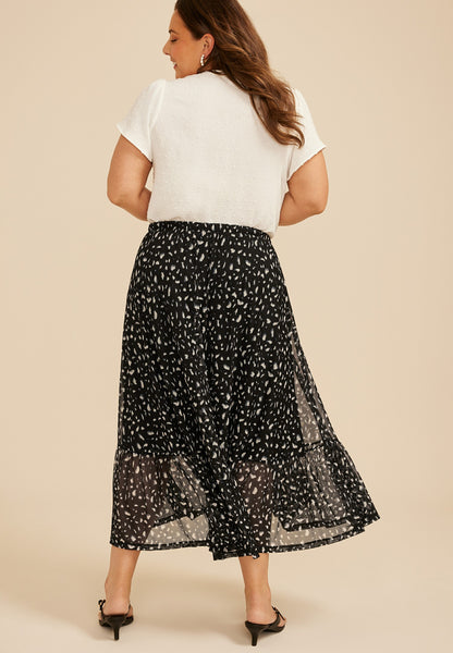 Plus Size Printed Mesh Tiered Midi Skirt