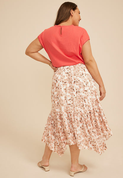 Plus Size Floral Crinkle Gauze Hanky Hem Maxi Skirt