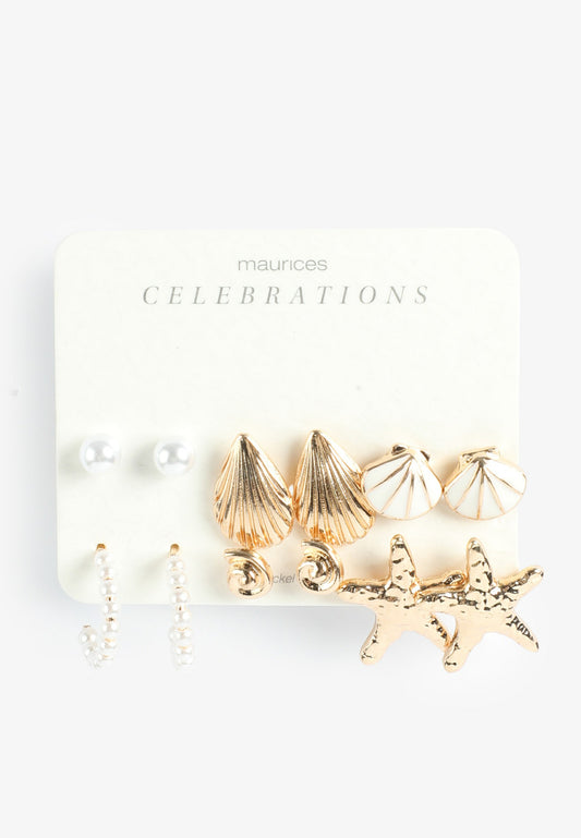 6 Pack Seaside Dream Gold Earring Set