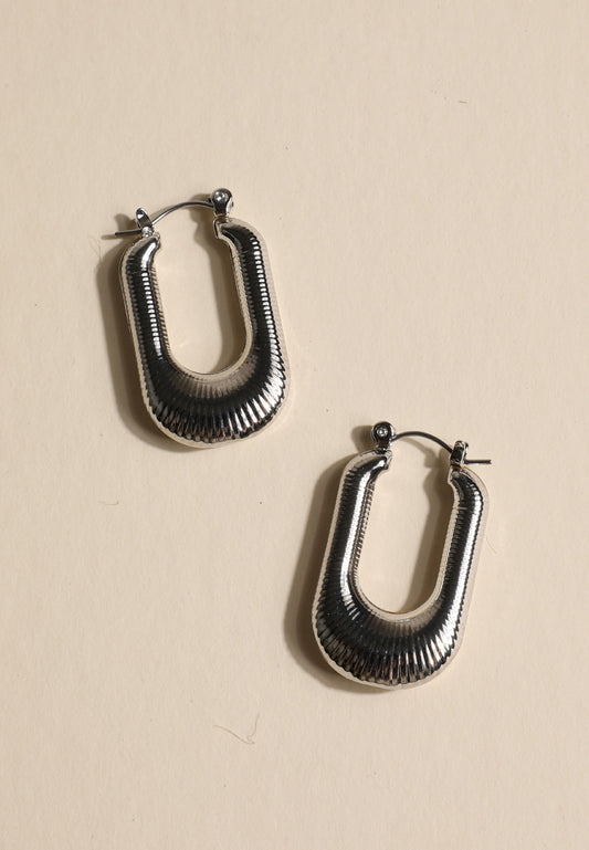 Silver Ridged Oblong Hoop Earrings